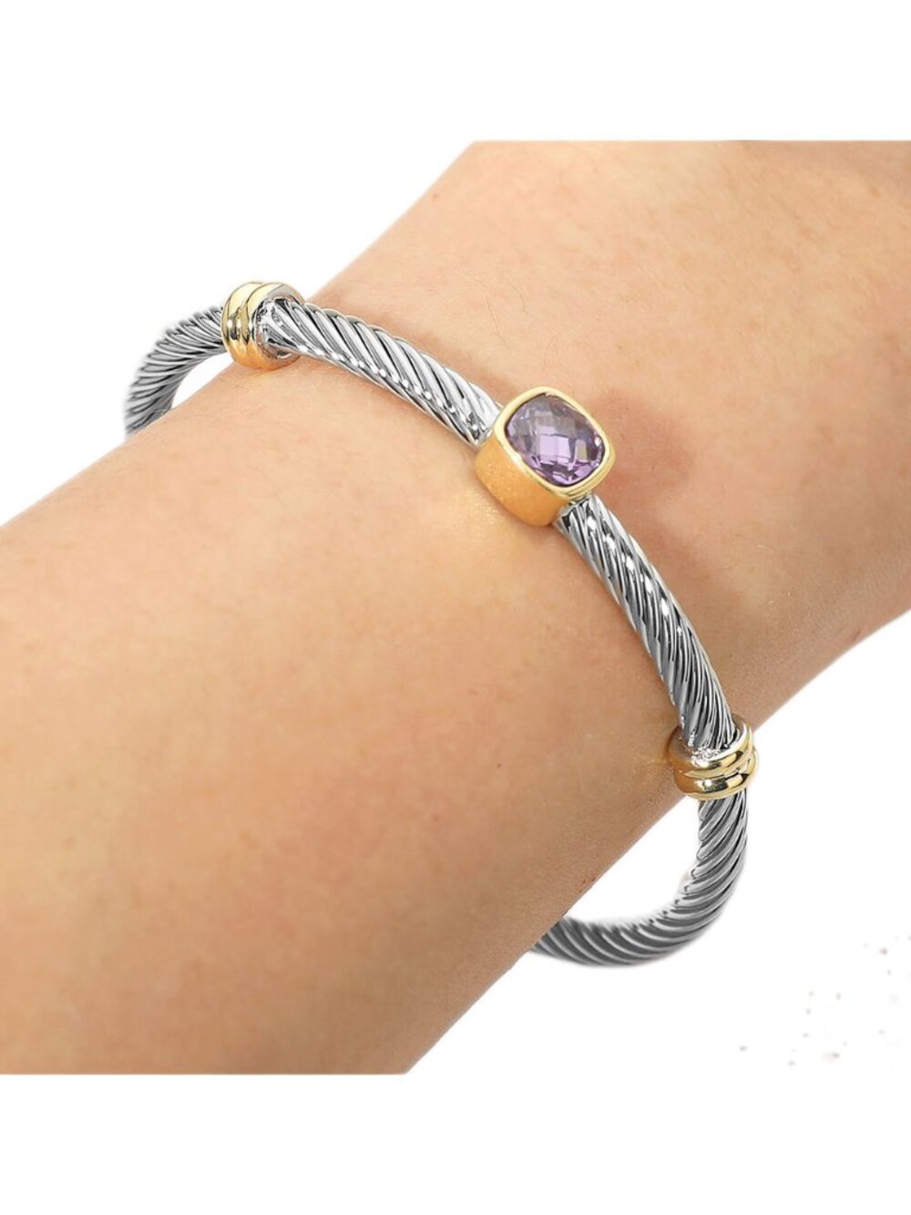Tigerstars Purple Square Stone Two Tone Twisted Cable Cuff Bracelet